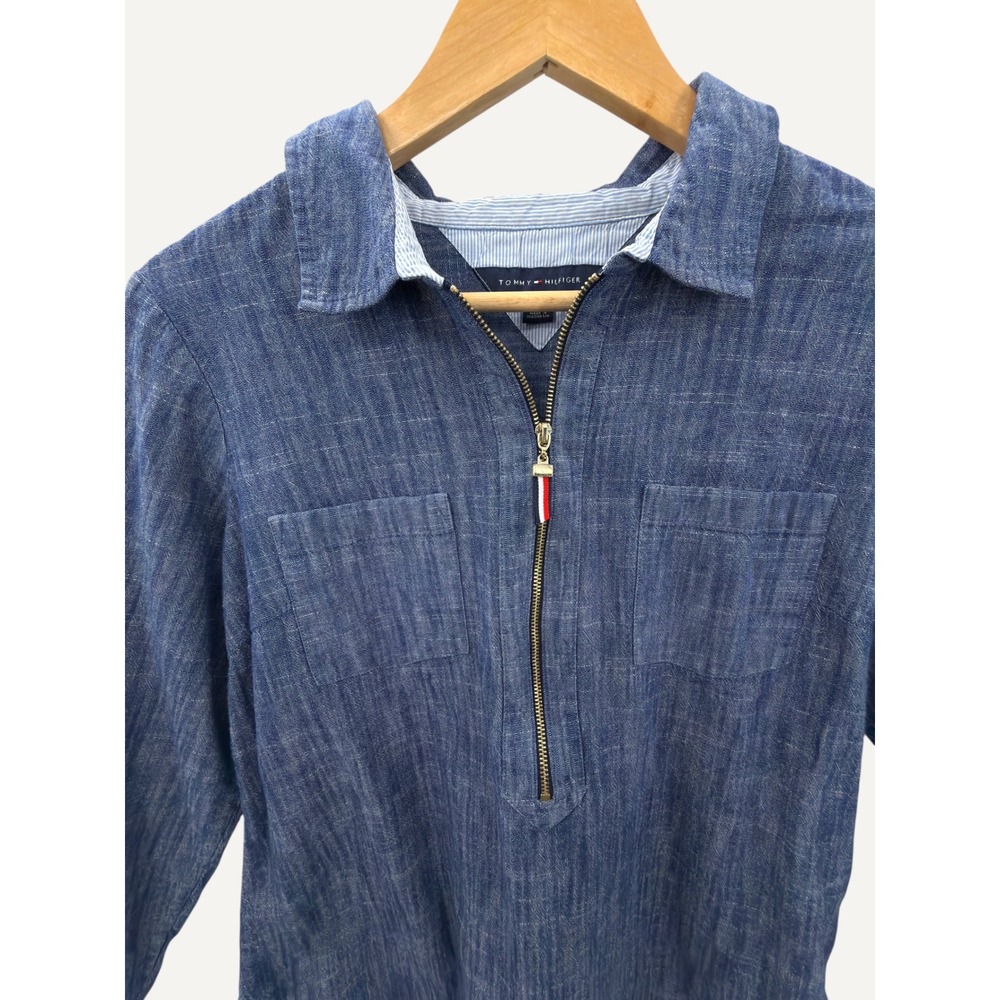 Chambray Quarter Zip Tommy Hilfiger Blue Cotton Pullover Shirt Size M Hamptons - Picture 5 of 13